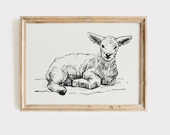 Lamb Sketch Art Print: Farmhouse Nursery Decor Digital Download