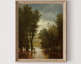 Impression d'art vintage paysage de rivière : cabane rustique et canoë téléchargement numérique