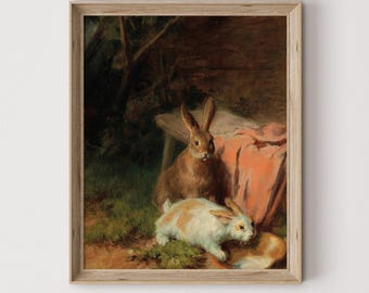 Vintage schilderij konijn: boerderij lente kunst aan de muur digitale download