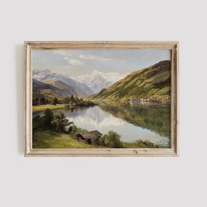 Alpine Lake Painting: Vintage Mountain Landscape Art Digital Download