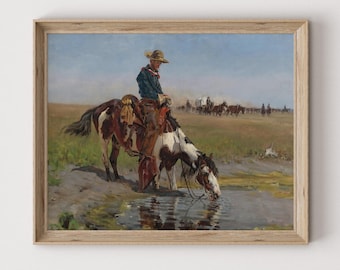 Rustic Cowboy Painting | Vintage Western Art | Southwest Room Decor | Antique Western Print