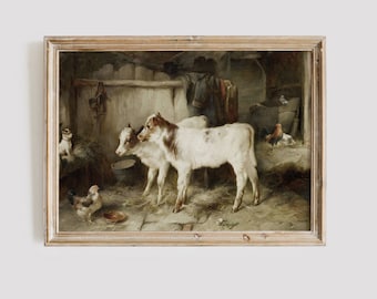 Vintage Farm Animal Painting: Cows, Chickens, Dog Printable Art