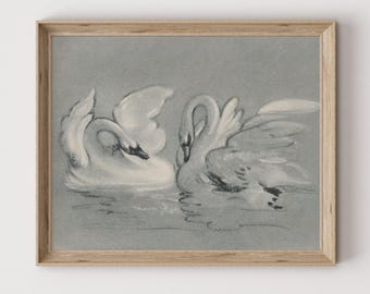 Vintage Swan Drawing: Antique Nursery Art Print Digital Download