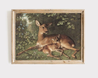 Vintage Doe and Fawn Painting | Nursery Painting | Vintage Farmhouse Art | Deer Wall Art | Digital Wall Art | Vintage Printable | Rustic Art