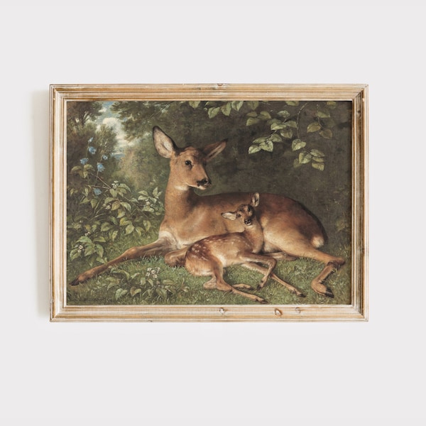 Vintage Doe and Fawn Painting | Nursery Painting | Vintage Farmhouse Art | Deer Wall Art | Digital Wall Art | Vintage Printable | Rustic Art