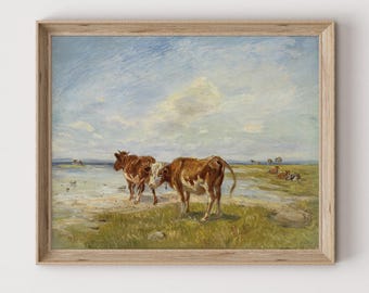 ヴィンテージ牛の絵画 | 農家風インテリア | 印刷可能なカントリーアート | 農場の動物のプリント | デジタルダウンロード