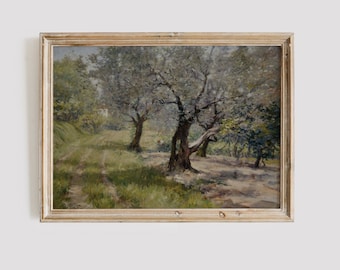 Vintage Olive Grove Landscape Painting: Farmhouse Country Decor Digital Download