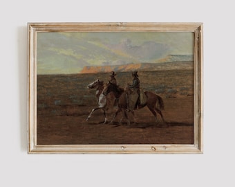 カウボーイの夕焼けの絵 馬の油絵 西洋画 南西部のアート カウボーイの