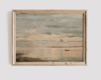 Dipinto tramonto sul lago d'epoca: download digitale di arte costiera pastello