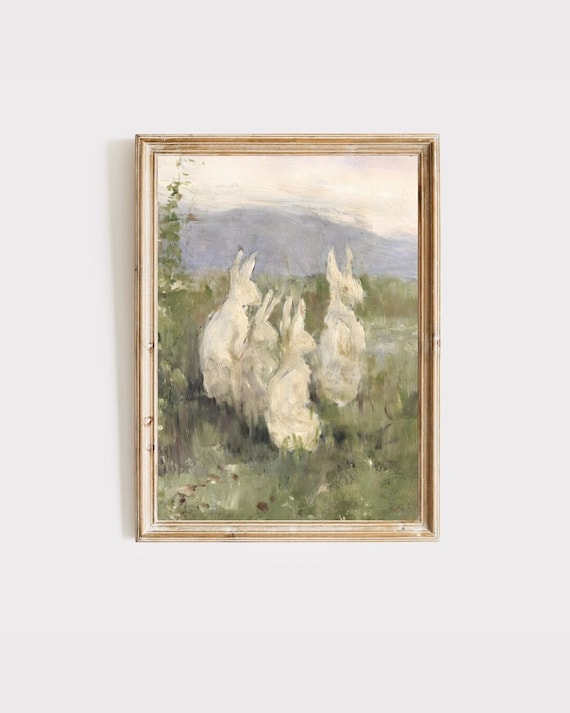Vintage Bunnies Art Print: Easter Rabbit Painting Digital Download
