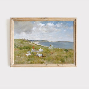 Dipinto di paesaggio costiero d&#39;epoca / Arte antica da spiaggia / Decorazione per la casa costiera / Arte murale stampabile