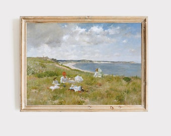 Vintage Küstenlandschaft Gemälde | Antike Strand Kunst | Küsten Wohnkultur | Druckbare Kunst