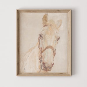Vintage White Horse Portrait Print | Equestrian Wall Art | White Antique Painting | Rustic Farmhouse Animal Decor