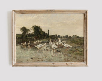 Vintage Geese Painting: Farmhouse Country Wall Art Digital Download