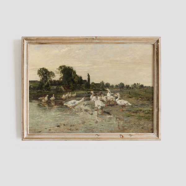 Country Farm Painting | Vintage Farmhouse Wall Decor | Antique Animal Painting | Country Wall Art | Duck Painting | Animal Decor