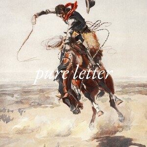 May include: A watercolor painting of a cowboy riding a bucking horse. The cowboy is wearing a black hat, a red bandana, and a black vest. The horse is brown and white and is rearing up on its hind legs. The cowboy is holding onto the reins with one hand and is using a lasso with the other hand.
