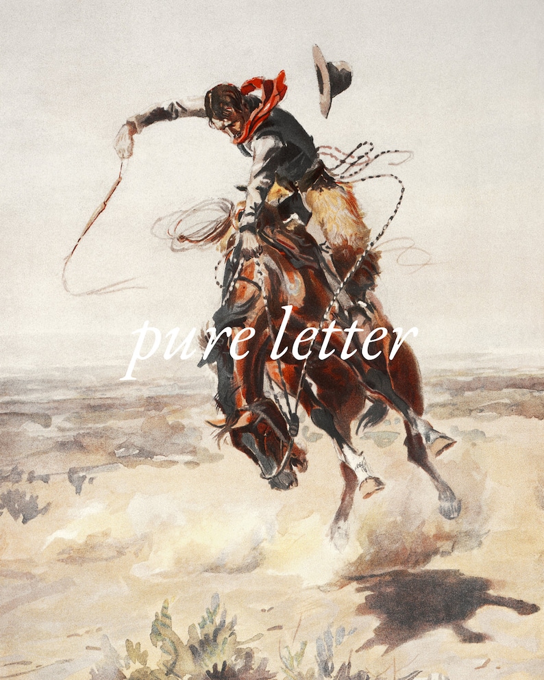 May include: A watercolor painting of a cowboy riding a bucking horse. The cowboy is wearing a black hat, a red bandana, and a black vest. The horse is brown and white and is rearing up on its hind legs. The cowboy is holding onto the reins with one hand and is using a lasso with the other hand.