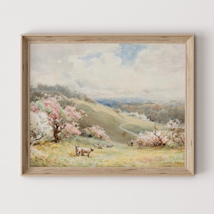 Vintage Spring Landscape Painting: Pink Nursery Art Digital Download