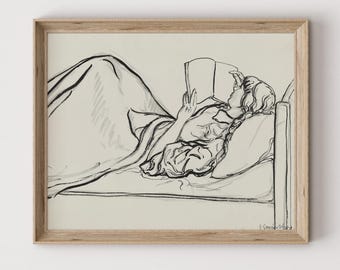 Meisje lezend in bed vintage kunstafdruk | Zwart-wit lijntekening | Digitale download