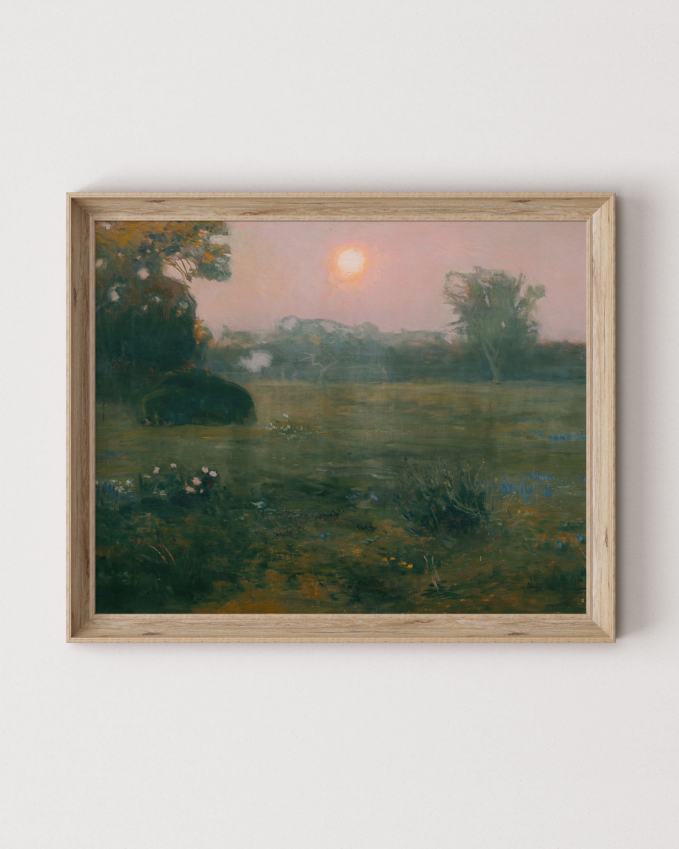 夢のような夕焼けの風景画：ヴィンテージの草原アート デジタル