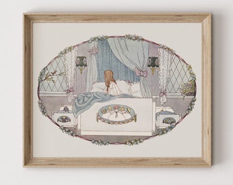 Vintage Girl in Bed Illustration Art Print: Nursery Decor (Digital Download)