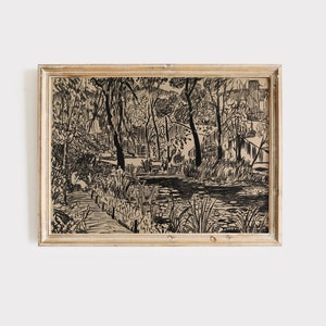 Vintage Pond Sketch Print: Black and White Garden Art Digital Download
