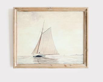 Vintage Sailboat Painting: Bright Ocean Art Print Digital Download