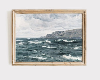 Vintage Coastal Landscape Painting: Moody Ocean Print Digital Download