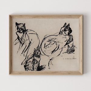 Vintage Cat Sketch Print: Minimalist Black and White Drawing Digital Download