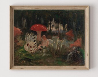 Mushroom Forest Vintage Painting: Cottagecore Fairy Decor Digital Print