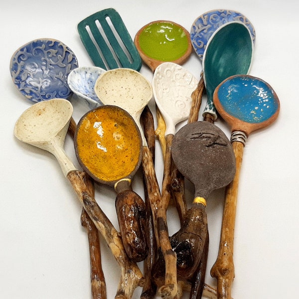 Rustic Style Ceramic Salad Spoons/Large Serving Utensils/Handmade Boutique Kitchen/Unique Tableware/Driftwood/Gift For Woman/Free Wrapping