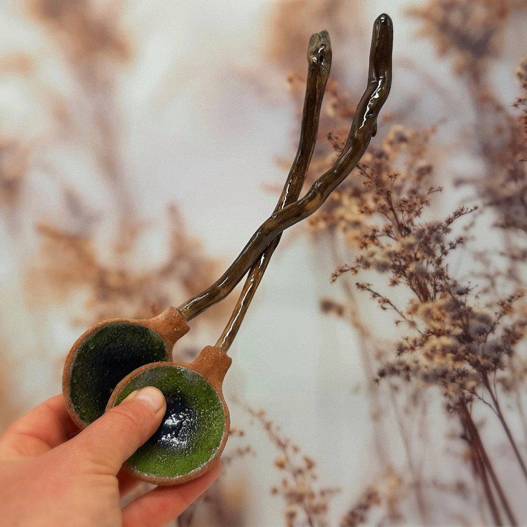 Two Dark Green Ceramic Round Spoons for Adding A Touch of Charm to Your ...