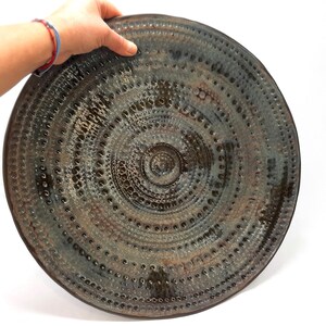 Very Large Handcrafted Oxidized Copper Patina Ceramic Plate | 15 inch Serving Plate In A Entirely Rustic Style | Unique Table Centerpiece