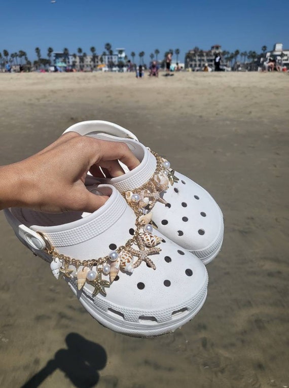 White Pearl Designer Crocs Chain Charms Or Similar Shoe. Shoe