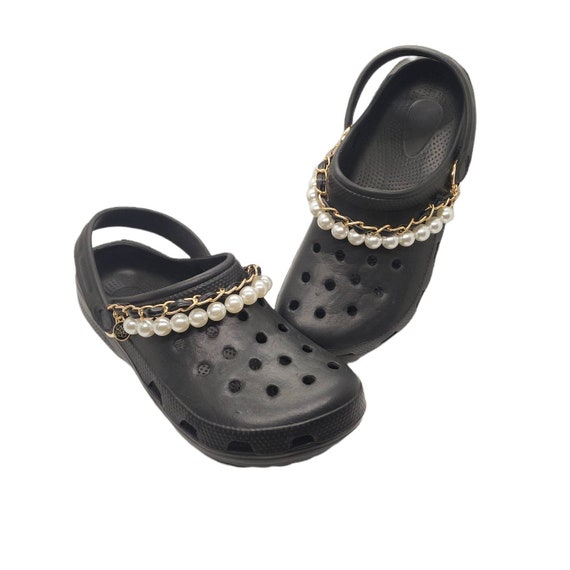 1Set/22Pcs Shoe Charms&Chain Sets Pearl Croc Charms Black Flowers