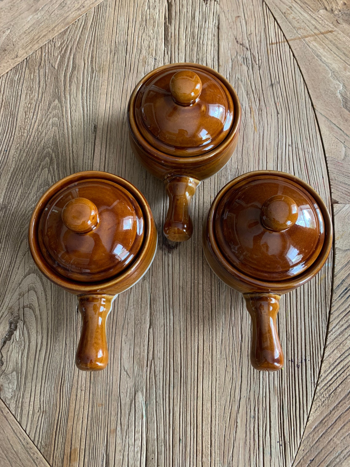Set of 3 Vintage Brown Glazed Soup Bowls With Handles and Lids Etsy