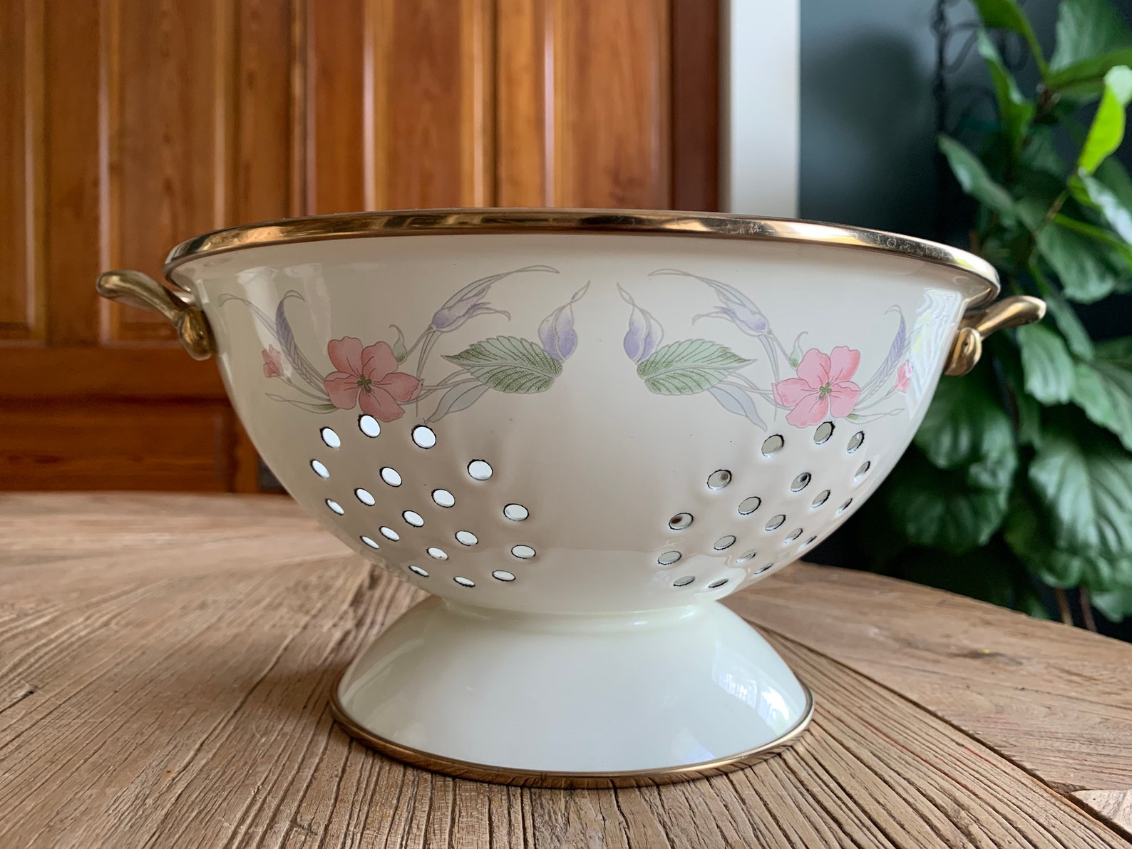 Vintage Enamel Colander With Brass Handles and Trim Etsy