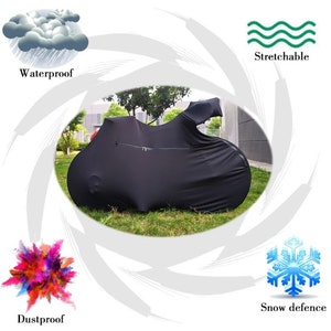 May include: Black bicycle cover with a zipper. The cover is waterproof, dustproof, snowproof, and stretchable.