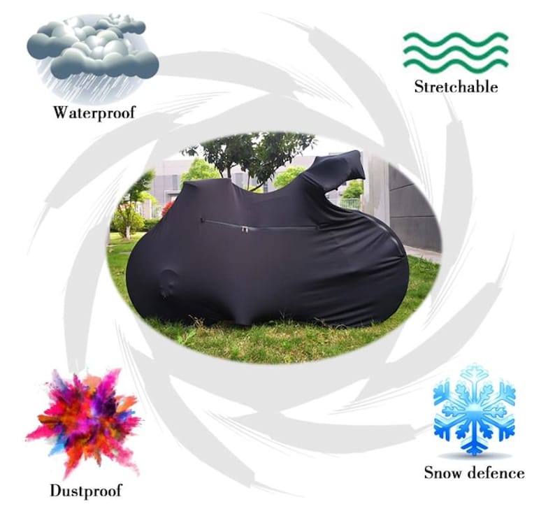 May include: Black bicycle cover with a zipper. The cover is waterproof, dustproof, snowproof, and stretchable.