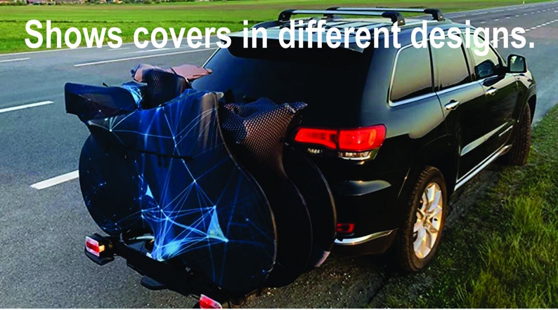 May include: A black SUV with a bike cover on the back. The cover has a blue and black geometric design.