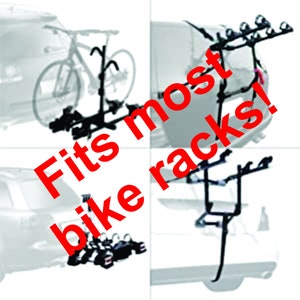 May include: A black bike rack attached to the back of a car. The rack is designed to hold two bikes. The text "Fits most bike racks!" is superimposed on the image.
