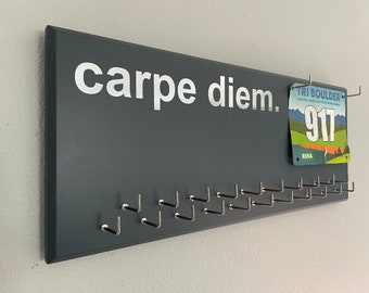 Medal Holder, running, triathlon, sports, gray or black with chrome "carpe diem.." vinyl, 21 hooks and BIB holder