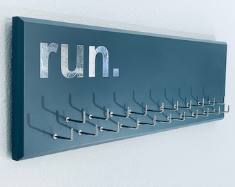Running Medal Holder, gray with chrome &quot;run.&quot; vinyl, medal hanger with 11 or 21 hooks.