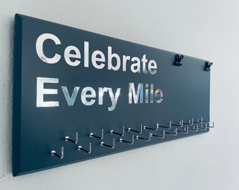 Medal Holder, running, triathlon, sports, gray or black with "Celebrate Every Mile" vinyl, 21 hooks and BIB holder