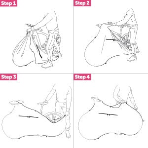 May include: Four steps showing how to put a bike into a bike cover. The cover is white and the bike is black. Step 1 shows the cover being pulled over the bike. Step 2 shows the cover being pulled up over the bike. Step 3 shows the cover being pulled over the front wheel. Step 4 shows the cover being pulled over the back wheel.