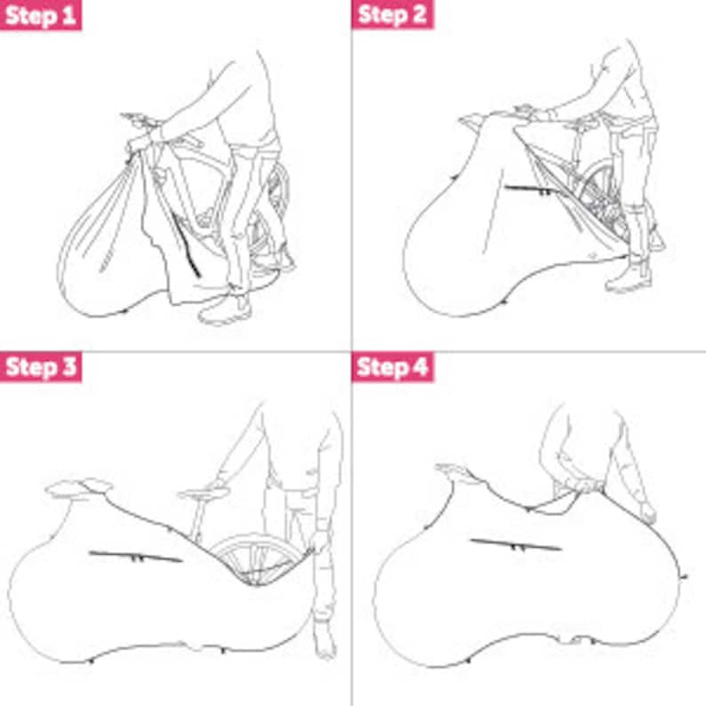 May include: Four steps showing how to put a bike into a bike cover. The cover is white and the bike is black. Step 1 shows the cover being pulled over the bike. Step 2 shows the cover being pulled up over the bike. Step 3 shows the cover being pulled over the front wheel. Step 4 shows the cover being pulled over the back wheel.
