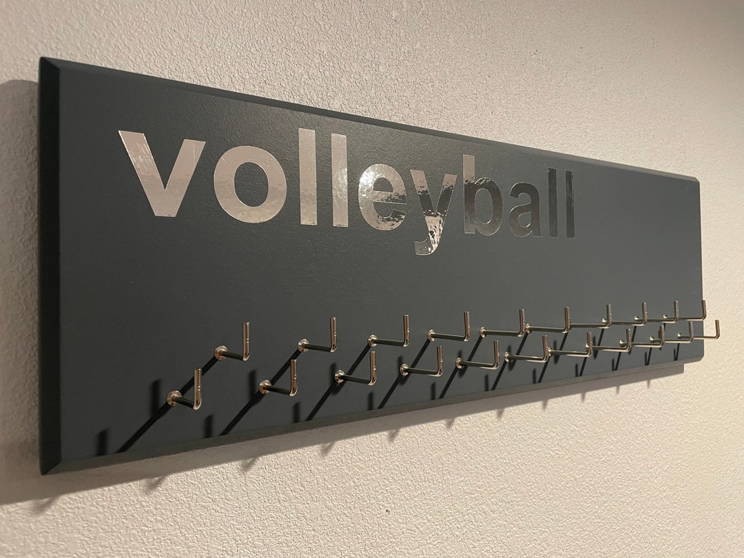 Volleyball Medal Holder, Gray or Black With Chrome or Carbon Silver volleyball Vinyl, Medal