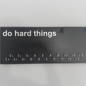 Medal Holder, running, triathlon, sports, gray or black with chrome or carbon silver &quot;do hard things&quot; vinyl, 21 hooks and BIB holder