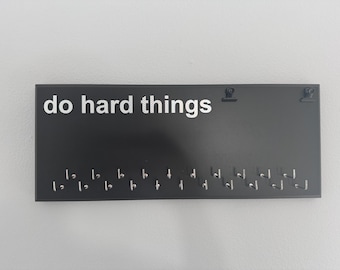 Medal Holder, running, triathlon, sports, gray or black with chrome or carbon silver "do hard things" vinyl, 21 hooks and BIB holder