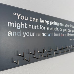 Triathlon / Running Medal Holder, gray or black with chrome Mark Allen quote and 21 hooks